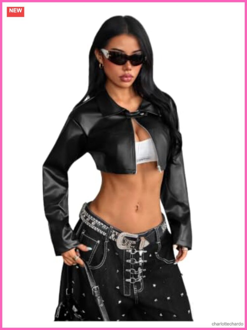 Women's Faux Leather Cropped Moto Jacket Zip Collar Y2K